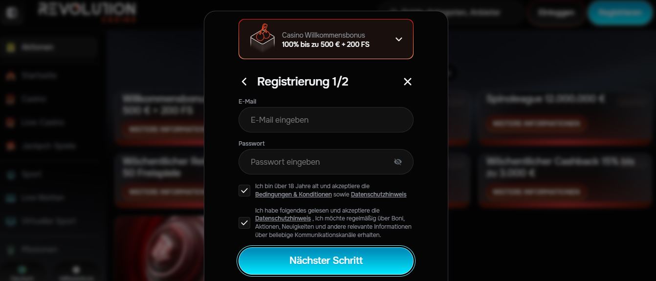 Erstelle dein Revolution Casino Konto mit E-Mail und Passwort